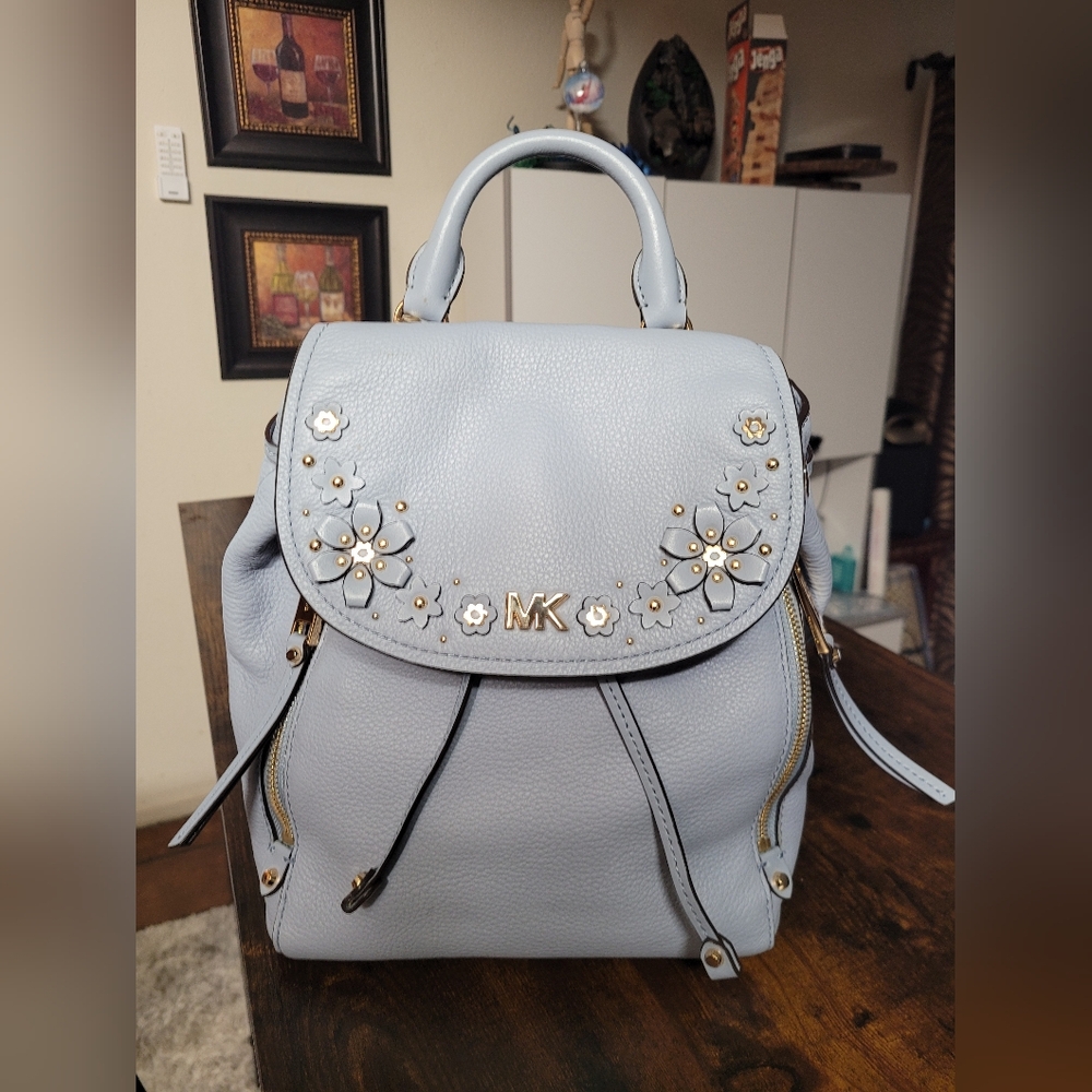 MICHAEL Michael Kors Evie Backpack With Floral Embellishments. Color: Pale Blue